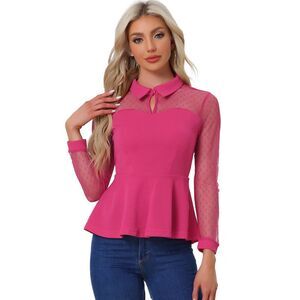 Mesh Sheer Long Sleeve Blouse Turn Down Collar Keyhole Peplum Top Hot Pink
